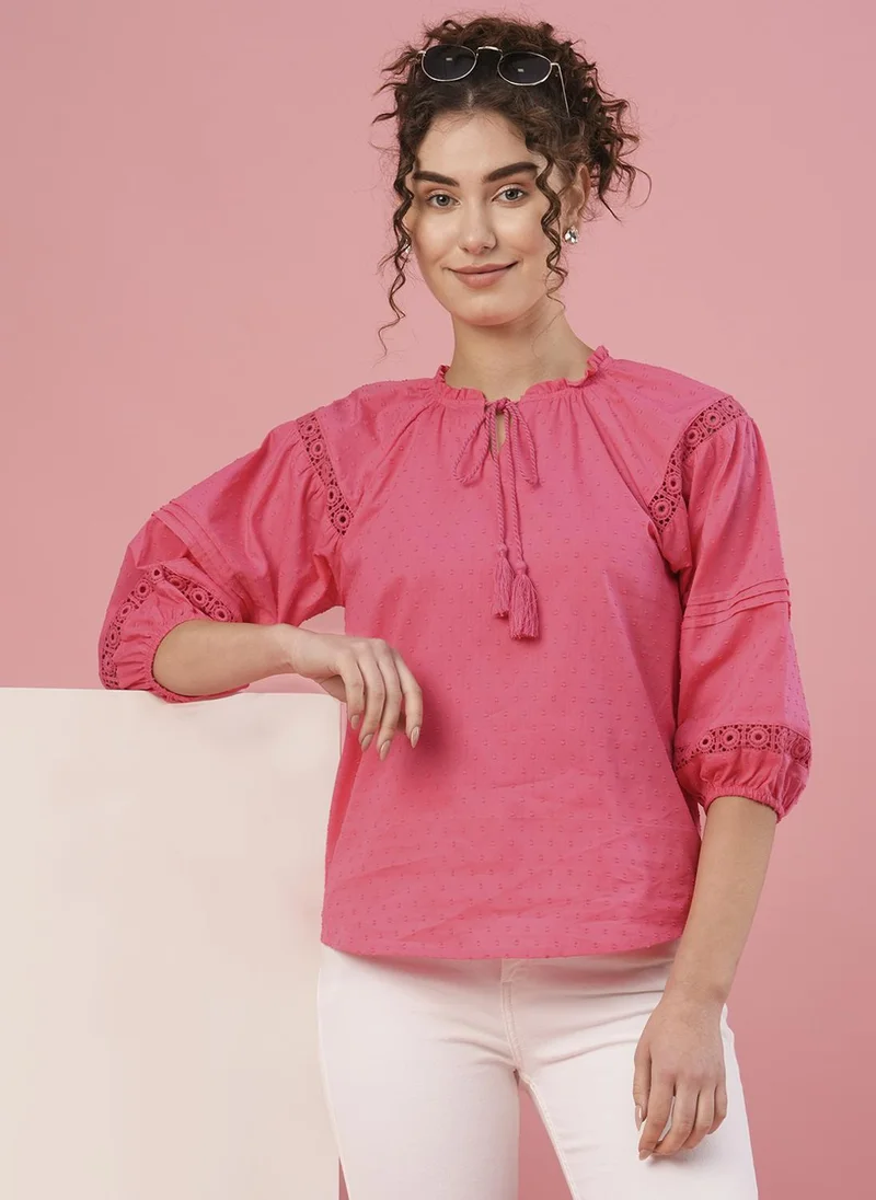 globus Globus Women Pink Tie-Up Neck Bishop Sleeves Lace Insert Top